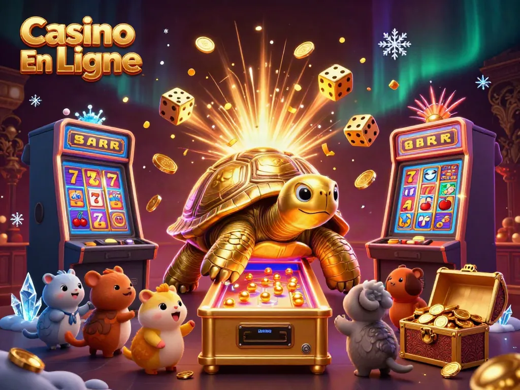 Jouer au Casino En Ligne avec une machine à sous et une tortue géante ludique illuminée.