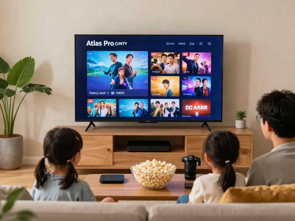 Famille profitant de l'application Atlas Pro sur leur téléviseur intelligent dans un salon moderne.