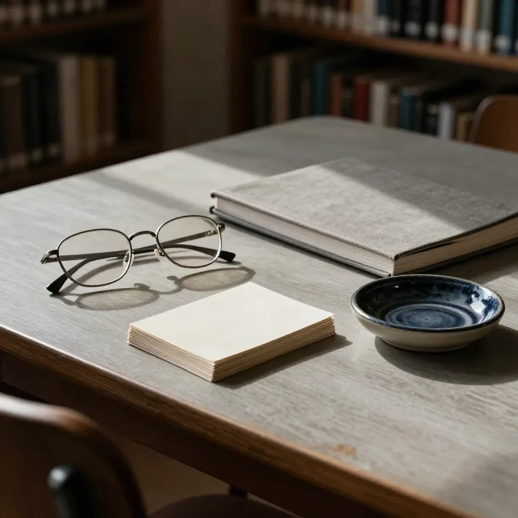 Table d’école avec lunettes de lecture, cartes d’exercices et cahier fermé dans la lumière du soir.