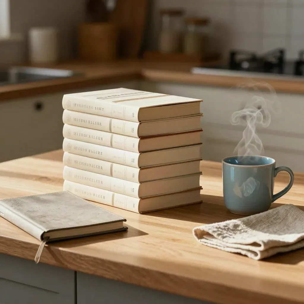 Sur un plan de cuisine, sept livres à onglets, un carnet, une tasse bleue et une serviette en lin.