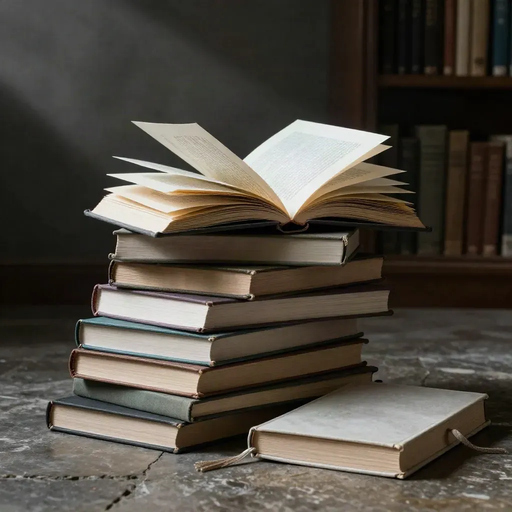 Pile de guides de lecture française ouverts, pages soulevées dans une lumière de l’aube.