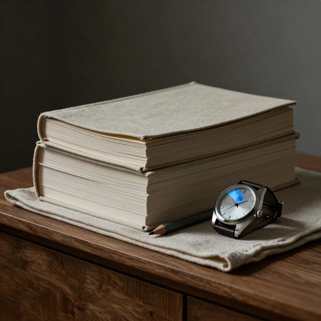 Pile de guides de lecture, onglets et montre sur un meuble en bois, lumière bleu nuit.