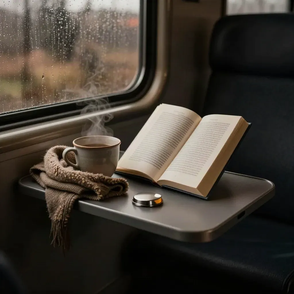 Sur une tablette de train, un livre, une tasse de thé, une écharpe et une petite boîte métallique sous la pluie.