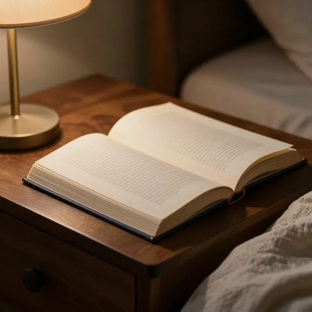 Livre ouvert avec onglets bleus et petit plat sur une table de chevet, lumière chaude du soir.