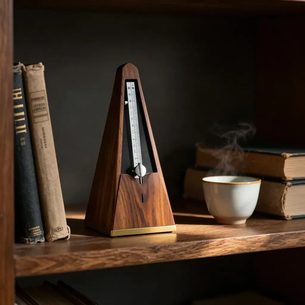 Métronome en bois sur une étagère sombre avec deux livres et une tasse en céramique, lumière ambrée.