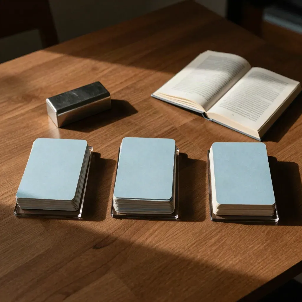 Vue zénithale d’une table de lecture avec trois blocs de cartes, guide fermé et presse-papier.