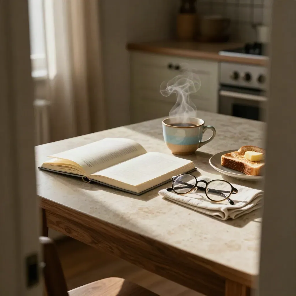 Table du matin avec café, lunettes de lecture et cahier tourné vers le bas sous la lumière du jour.
