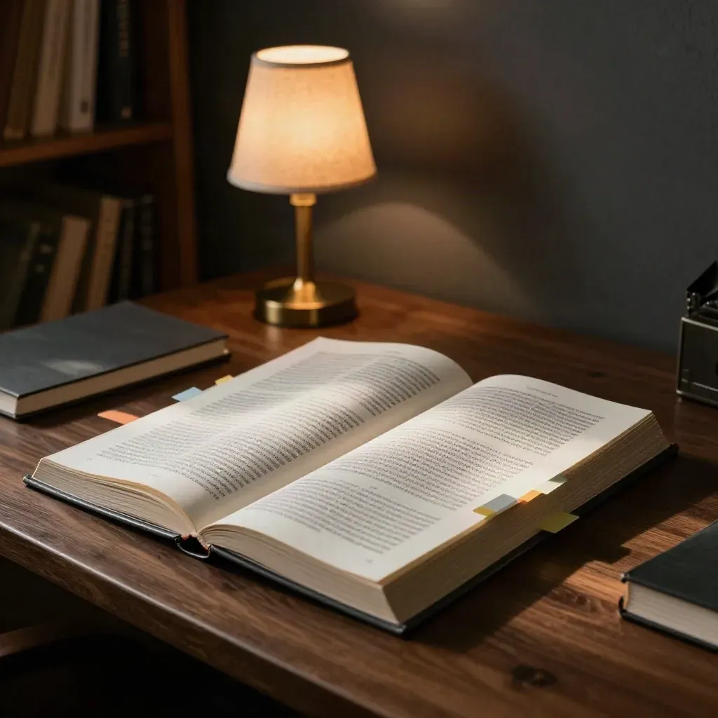 Bureau d’étude en bois avec manuel ouvert, carnet retourné et petite lampe, lumière d’après-midi chaleureuse.