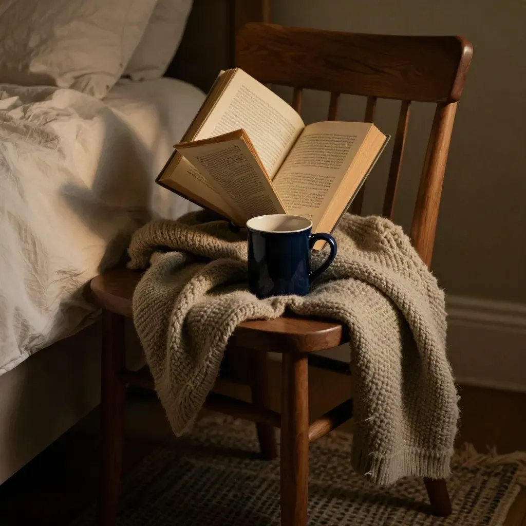 Chaise de chevet avec livre de poche en feuillet tournant, tasse bleu nuit et plaid en laine.