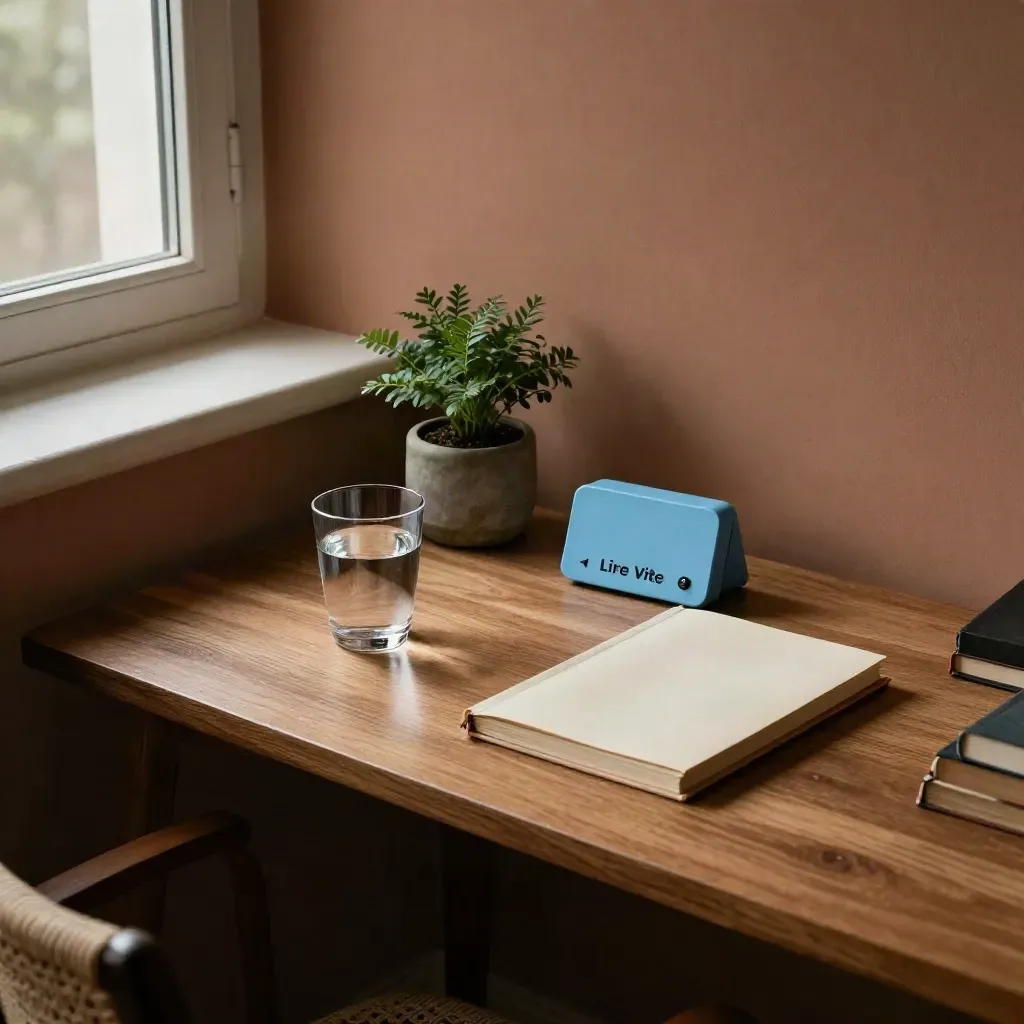 Station de lecture avec minuteur, verre d’eau, guide fermé et plante sur un bureau calme.