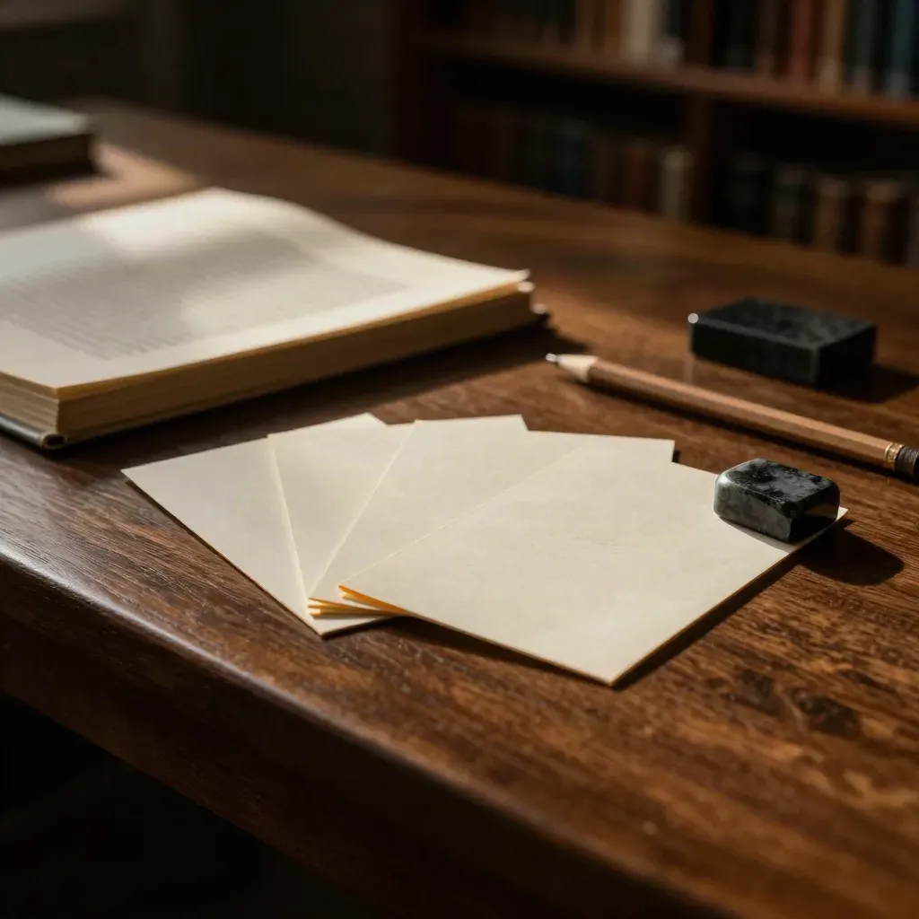 Trois cartes de résumé, un livre fermé et un presse-papier sur une table sombre.