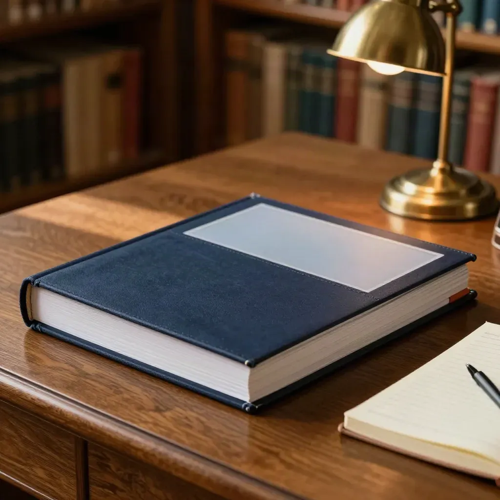 Classeur de cours bleu marine, surligneur ambré et carnet sur une table de bibliothèque.