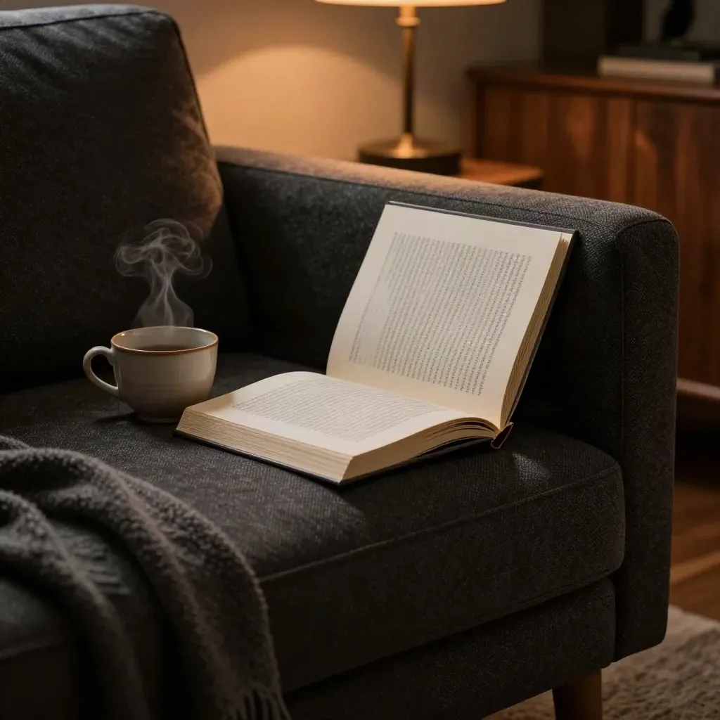 Canapé sombre, livre de poche, tasse fumante, plaid en laine et lampe tamisée
