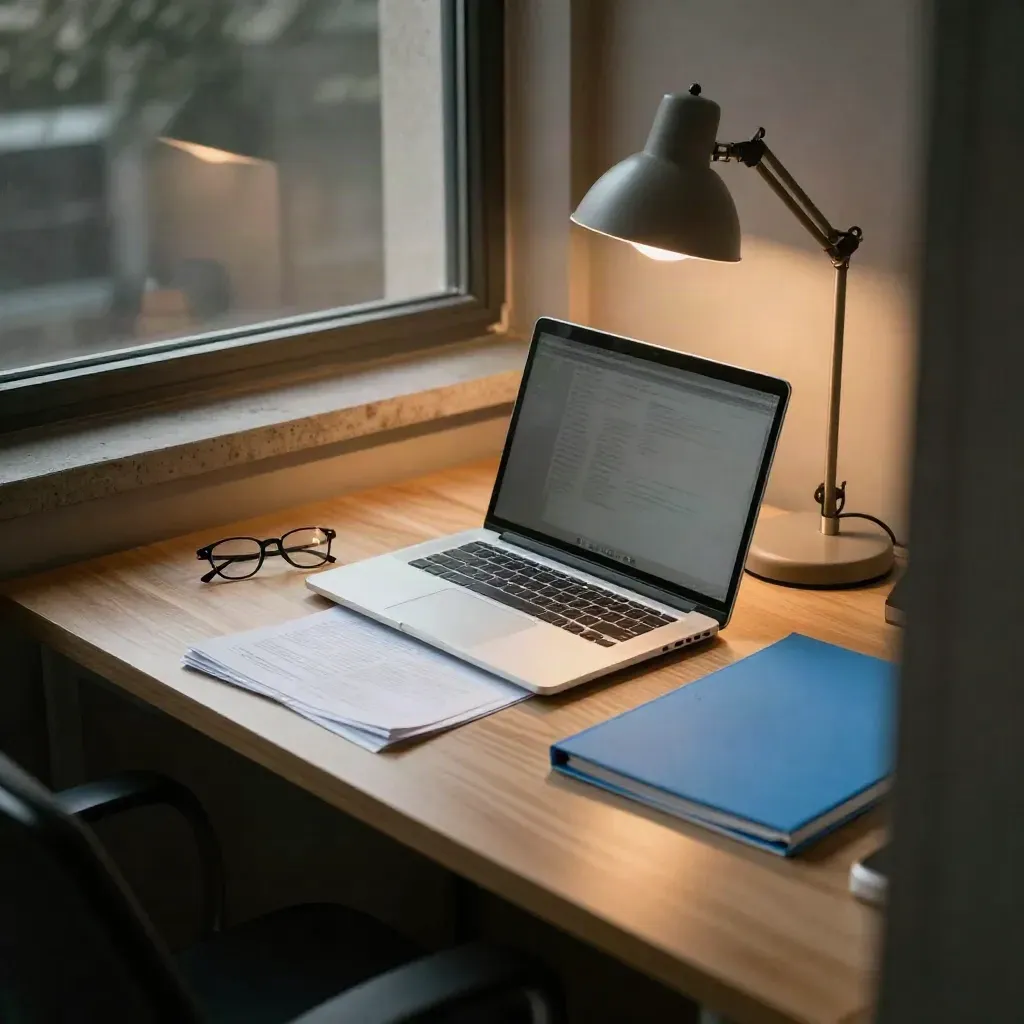 Bureau d’office vu en plongée, ordinateur fermé, papiers retournés, lunettes et lampe près d’une fenêtre.