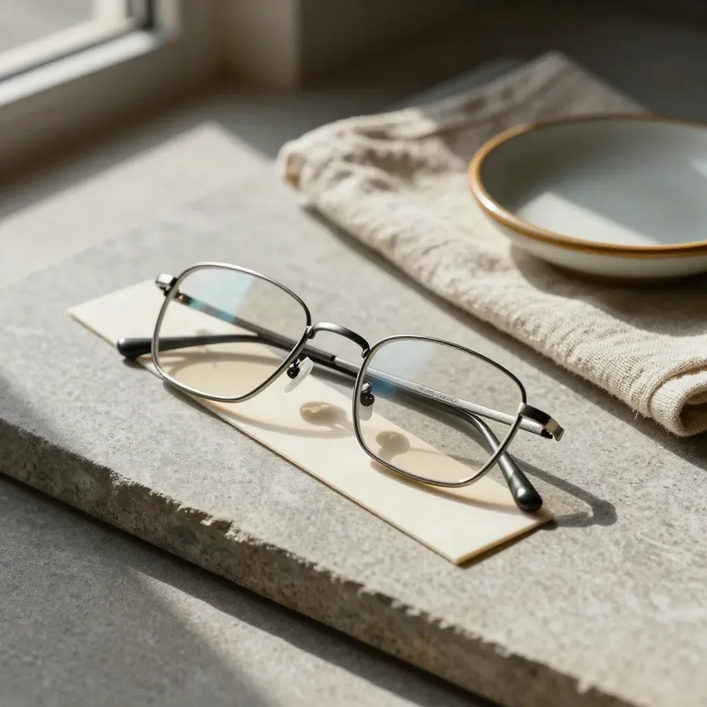 Lunettes de lecture, carte de focus, linge plié et coupelle sur pierre, lumière douce