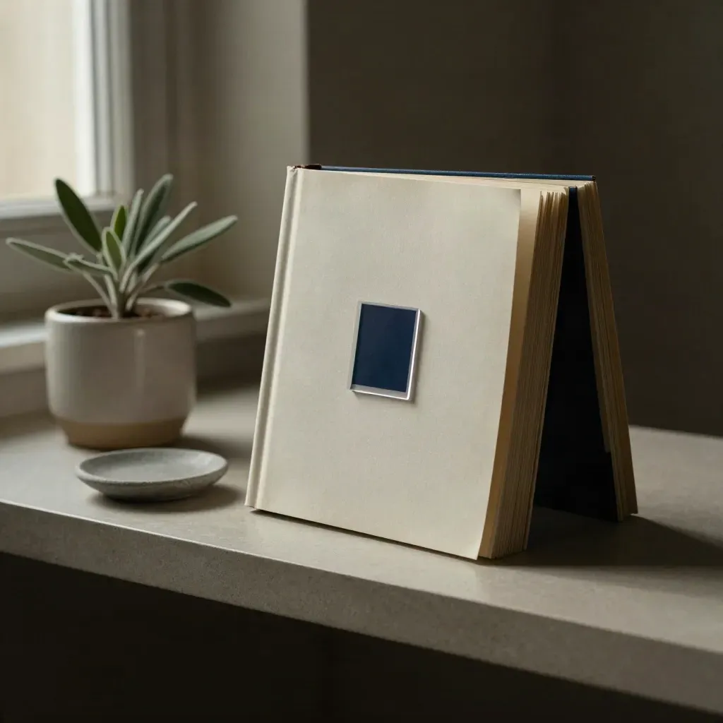 Livre de poche annoté, marque-pages transparents, petite plante et coupelle sur plâtre clair.