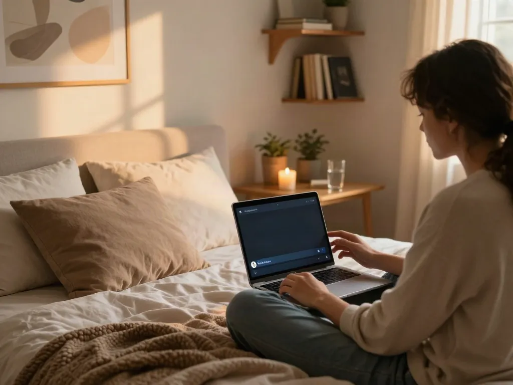 Cozy bedroom engaging in AI porn chat on a smartphone, warm ambiance and intimate atmosphere.