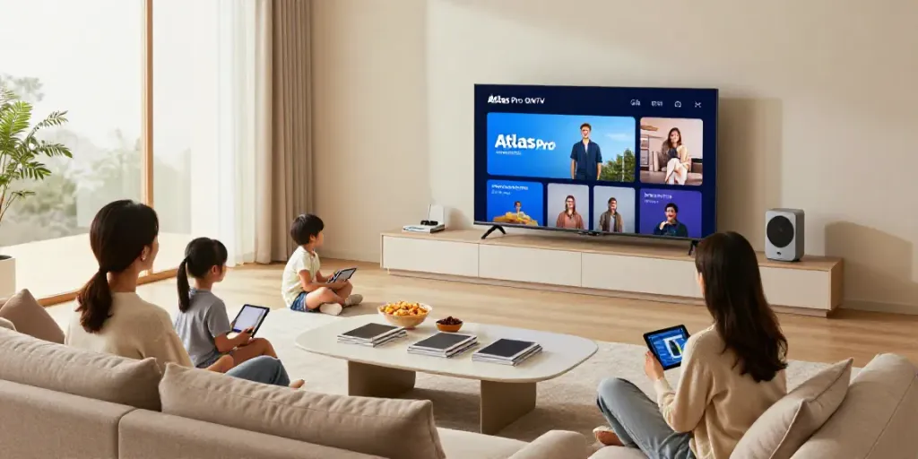 La famille profitant de l'application Atlas Pro ONTV dans un salon moderne.